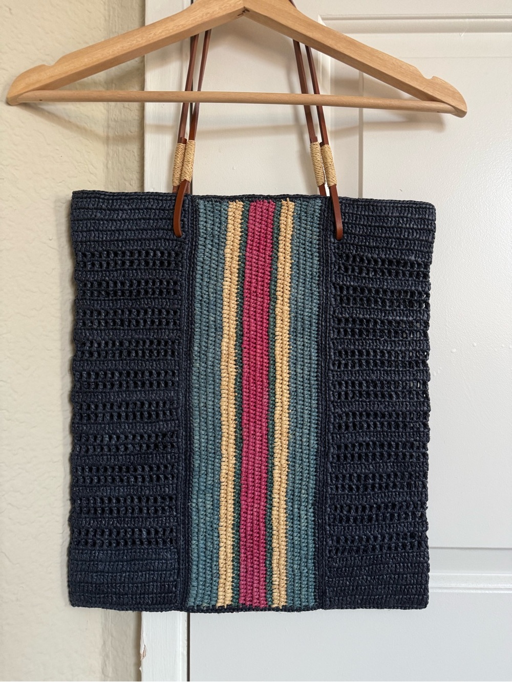 Sezane Francisco Basket Bag - Raffia - Navy with Stripes - Leather Handles - Picture 7 of 9